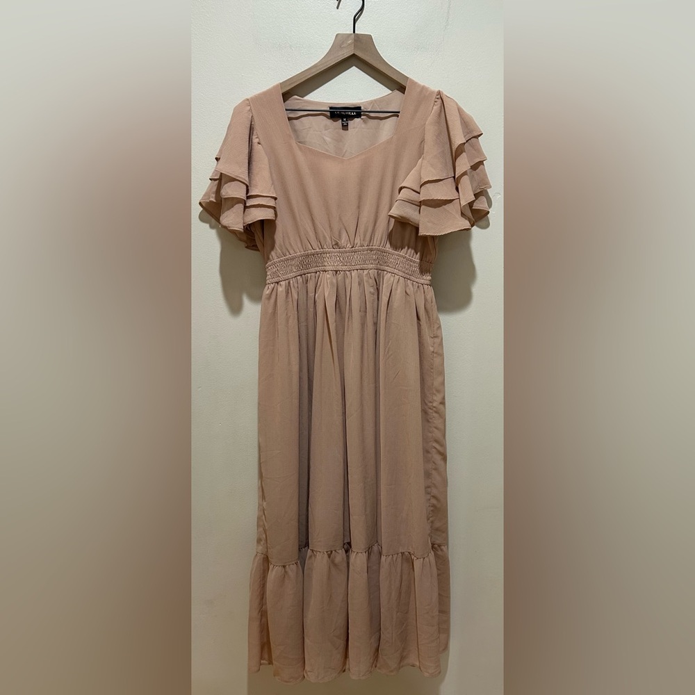 Deauville Maxi Ruffle Short Sleeve Desert Sand Beige Dress - Women's Size Medium